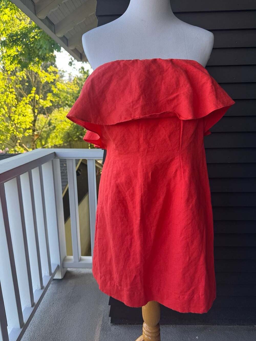 Anthropologie Forever That Girl Red Strapless Ruffle Linen Dress Size L